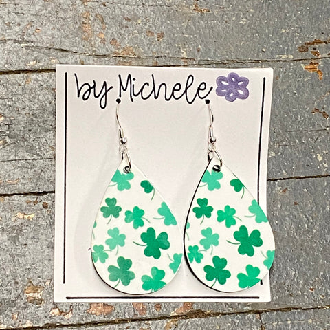 White Green Clover St Patricks Print Wood Teardrop Fishhook Dangle Earring Set