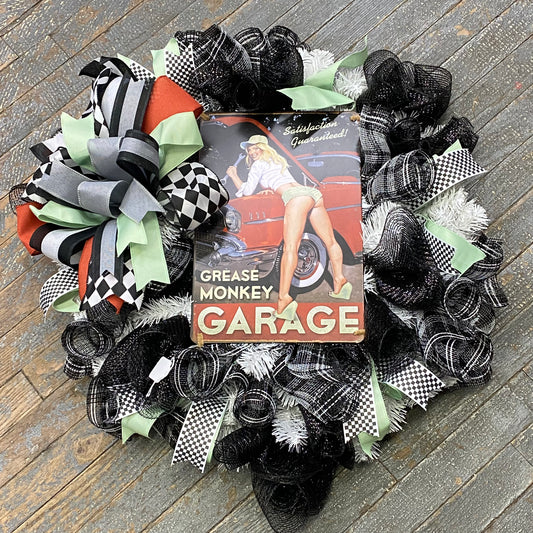 Grease Monkey Garage Racing Holiday Wreath Door Hanger