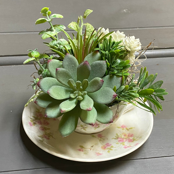 Floral Centerpiece Tea Cup Saucer Succulent Fairy Garden #2
