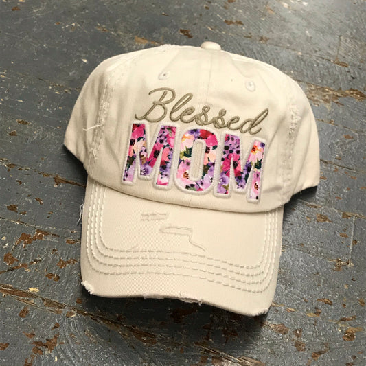 Blessed Mom Floral Rugged Khaki Embroidered Ball Cap