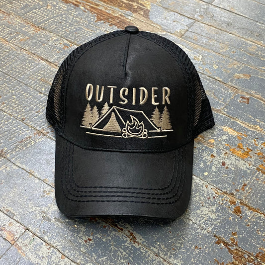 Outsider Camping Leather Black Embroidered Ball Cap