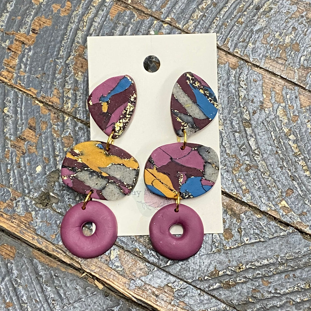 Clay Mauve Purple Mustard Blue Glitter Triple Abstract Swirl Post Dangle Earring Set