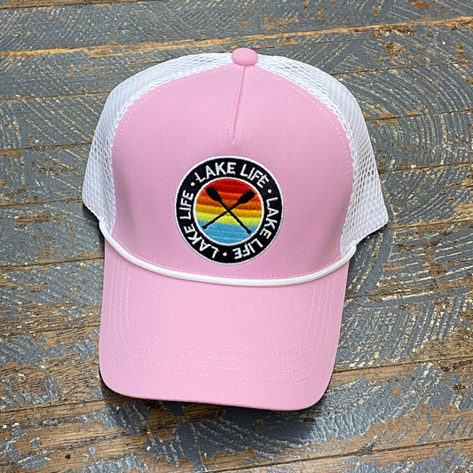 Lake Life Rainbow Paddle Hat Pink Embroidered Trucker Ball Cap