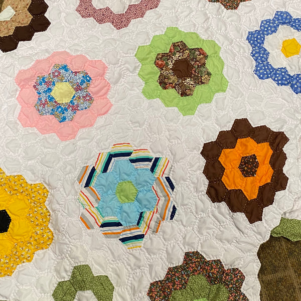 Floral Hexagon Patch Handmade Piece Quilt Cotton Blanket Throw