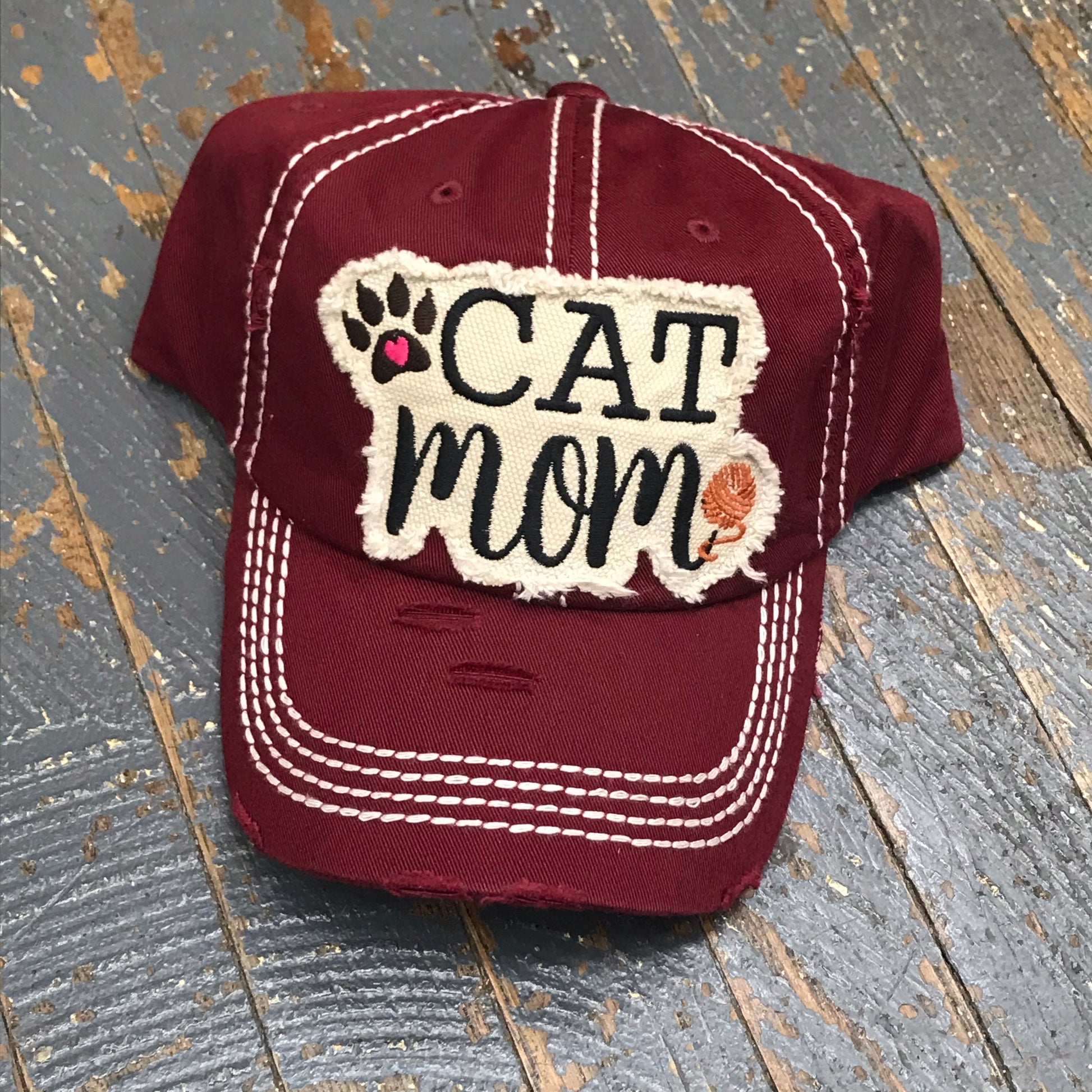 Cat Mom Hat Burgundy Embroidered Ball Cap – - Main Image