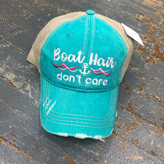 Boat Hair Don't Care Waves Teal Pink Rugged Embroidered Ball Cap