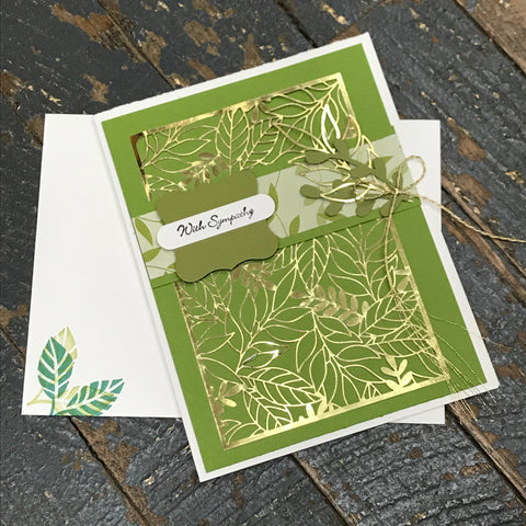 With Sympathy Green Gold Leaf Handmade Stampin Up Greeting Card with Envelope