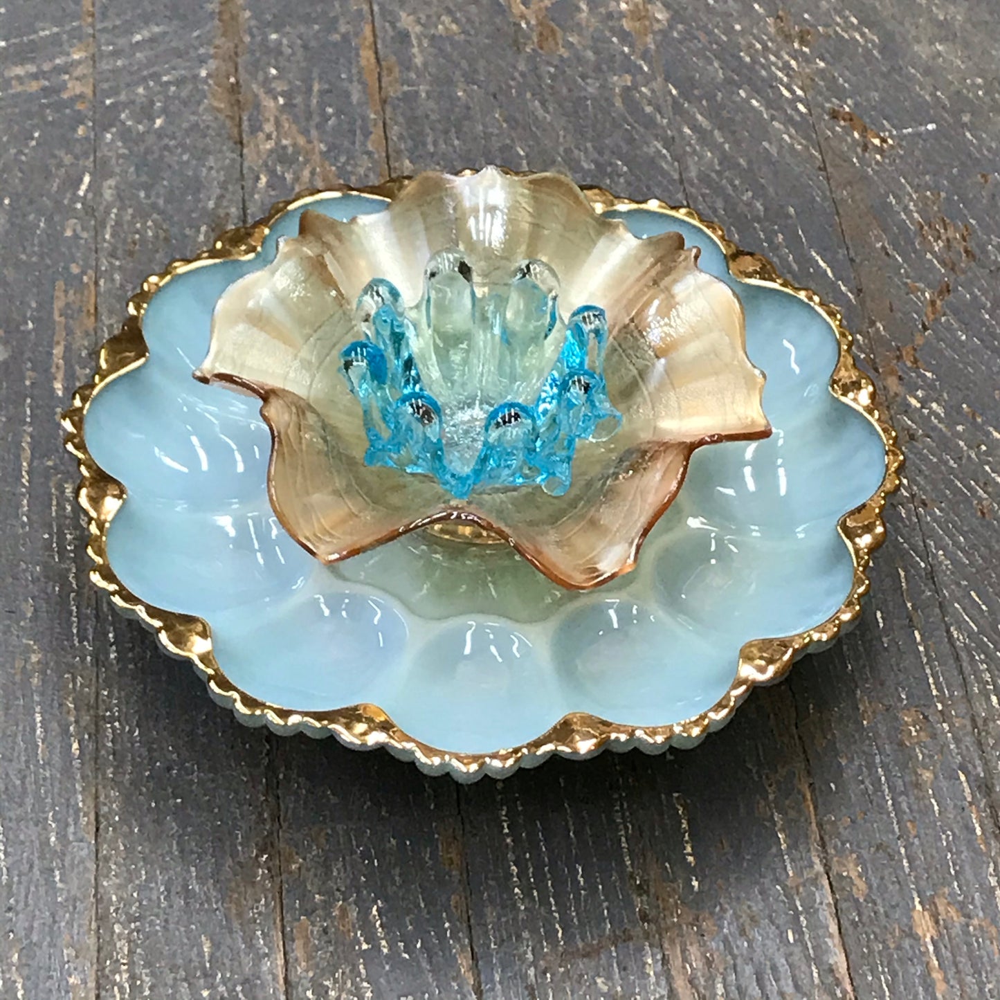 Depression Glass Garden Flower Medium Egg Tray Gold Trim Teal Blue