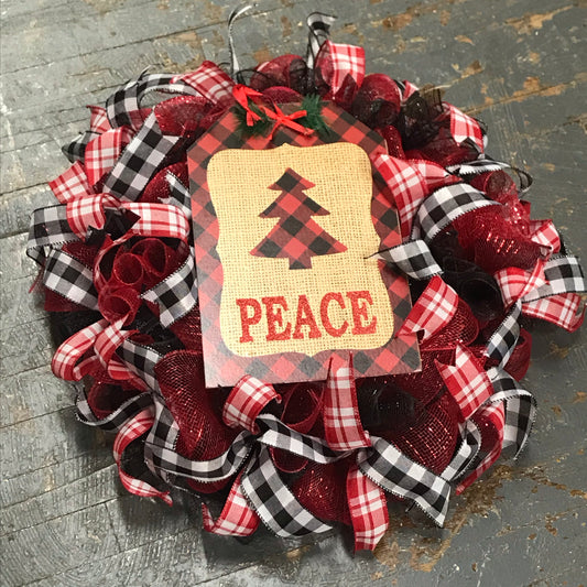 Buffalo Plaid Peace Tree Winter Christmas Seasonal Holiday Wreath Door Hanger