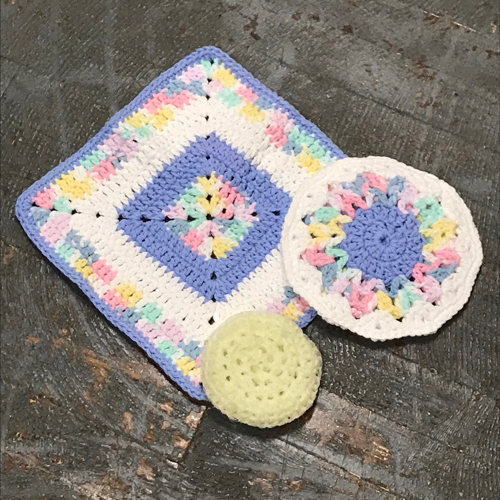 Crocheted Kitchen Set Dishcloth Rag Pot Holder Scrubbie Combo Multi Color Cream Scrubbie