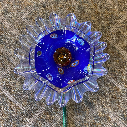 Depression Glass Garden Flower Large Opaque Blue Circle Orange Center