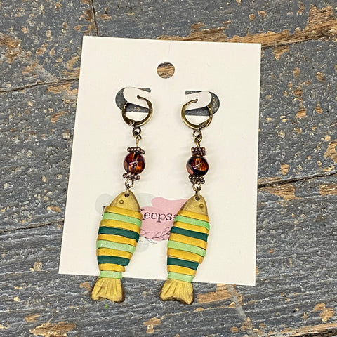 Clay Striped Gold Green Bead Hook Clasp Dangle Earring Set