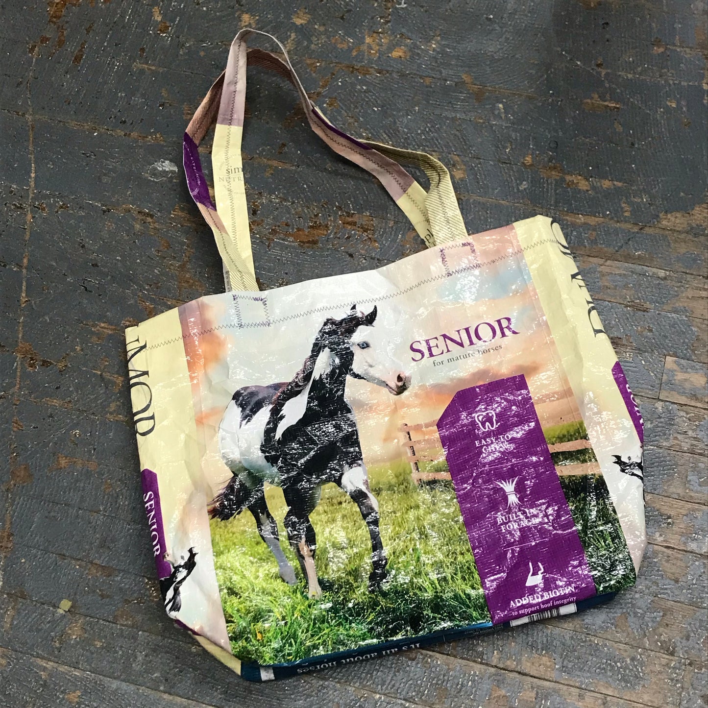 Upcycled Tote Purse Feed Bag Handmade Large Senior Equine Horse Seed Purple Handle Bag