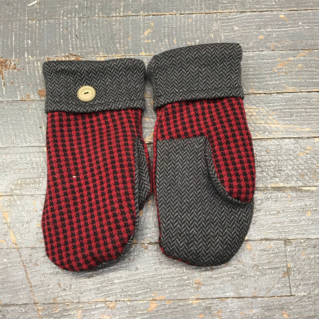 Upcycled Sweater Fleece Lined Mittens Red Tooth Hound Chevron Grey Stripe