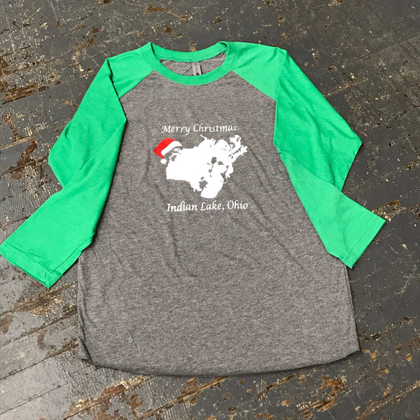 Indian Lake Ohio Merry Christmas 3/4 Sleeve Raglan Baseball T-Shirt Green Graphic Designer Tee