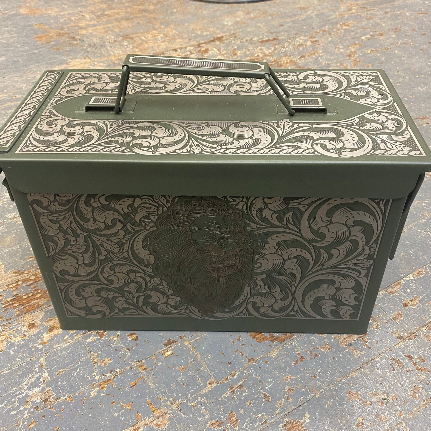 Laser Engraved Metal Military Ammo Can Large Lion Scroll