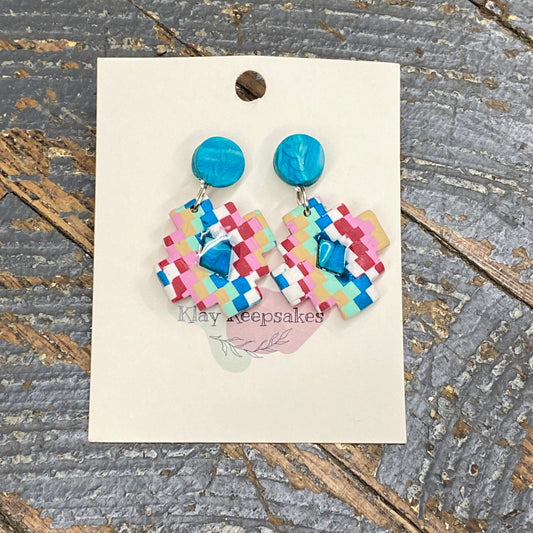 Clay Double Aztec Teal Aqua Pink Post Dangle Earring Set