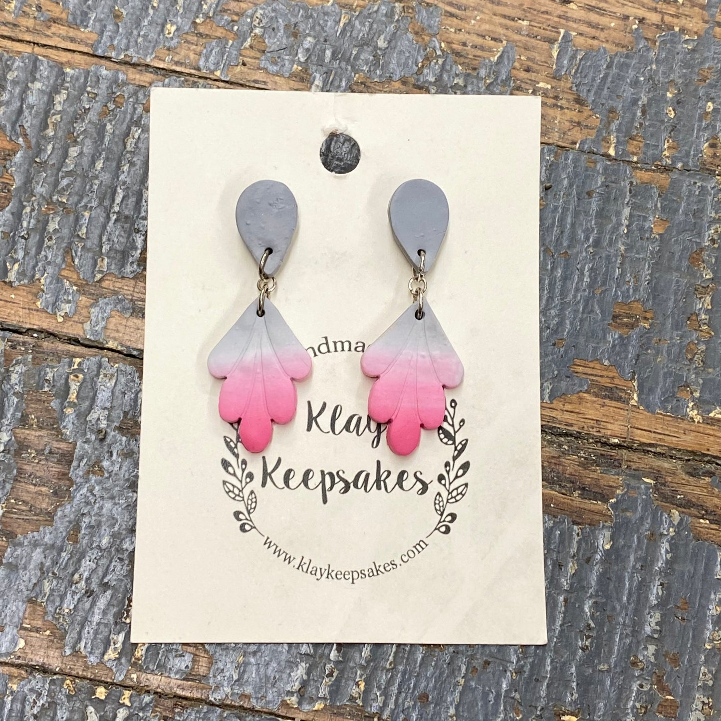 Clay Double Teardrop Leaf Grey White Pink Post Dangle Earring Set