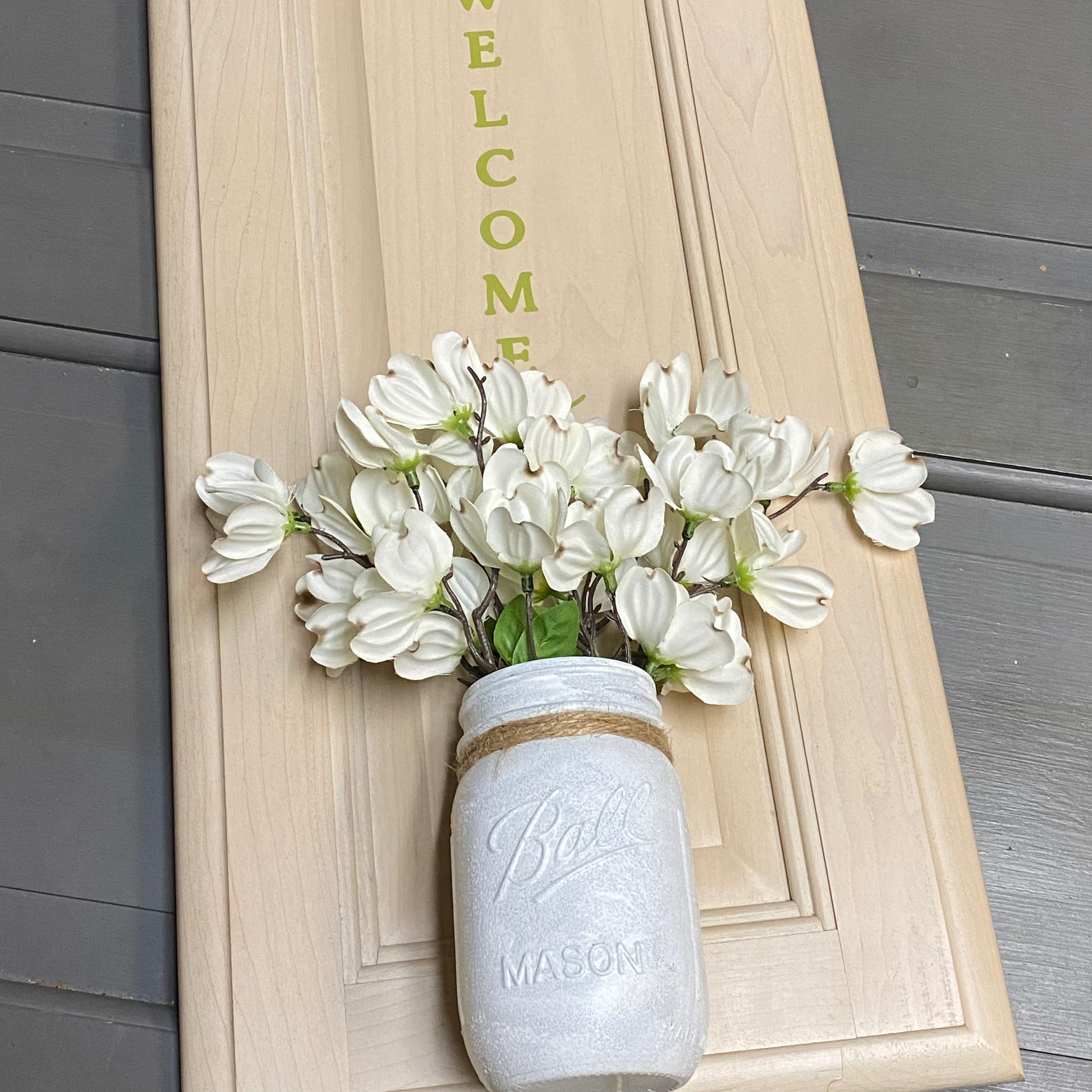 Welcome Mason Jar White Floral Wall Sign