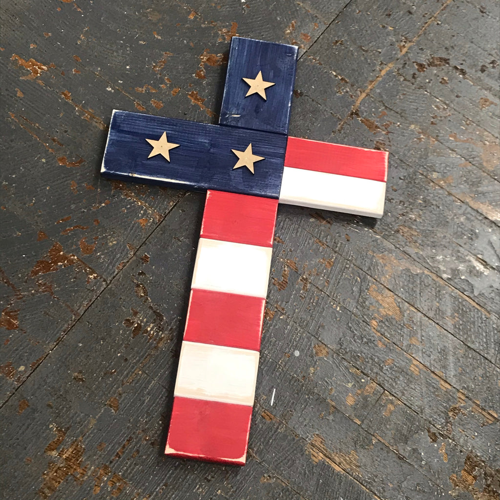Hand Painted Wooden Primitive Rustic American Flag Cross Sign