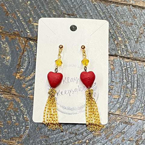 Clay Gold Chain Diamond Bead Red Heart Post Dangle Earring Set
