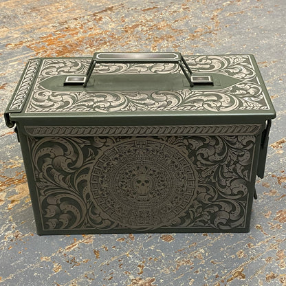 Laser Engraved Metal Military Ammo Can Large Lion Scroll Mayan Skull Calendar