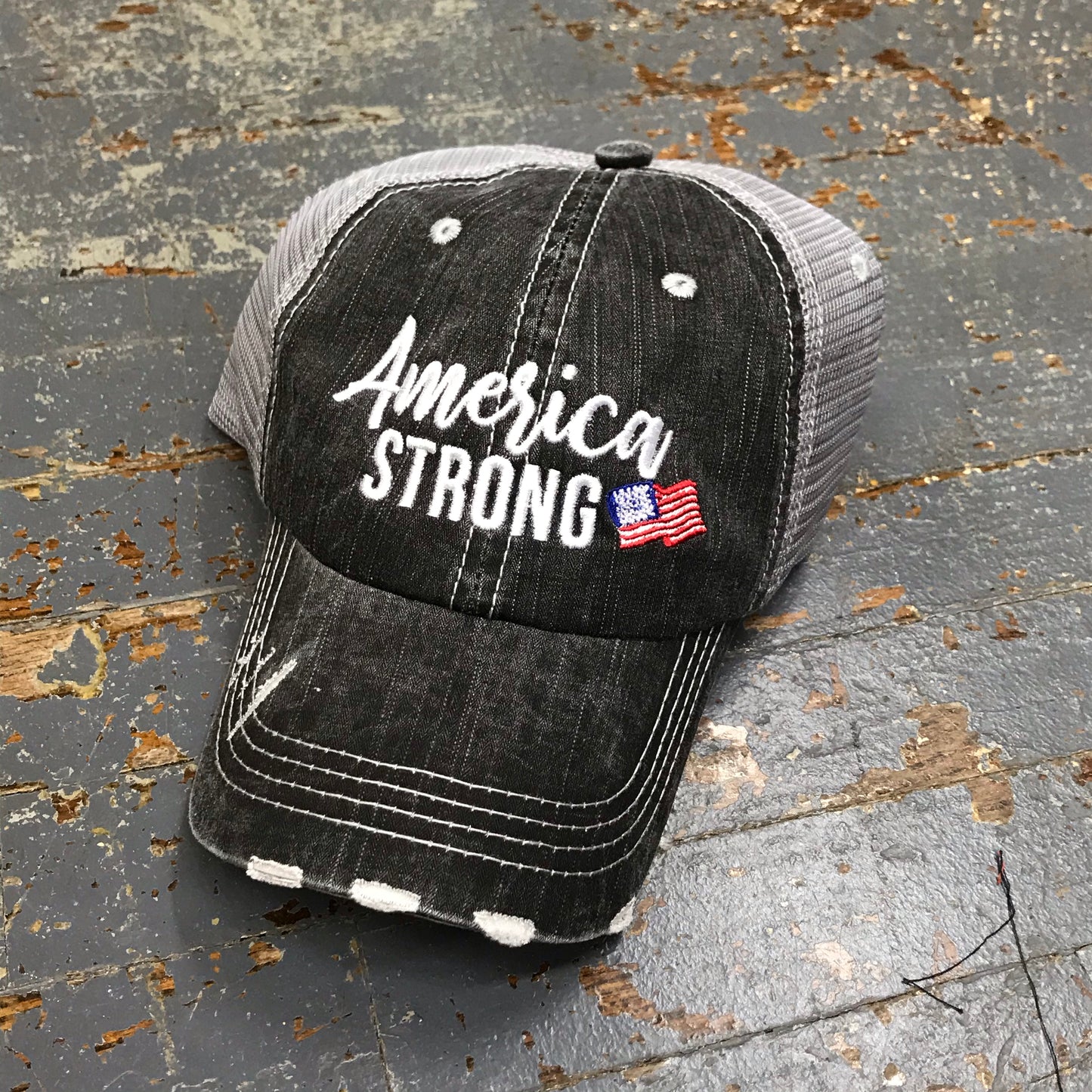 America Strong Rugged Black Embroidered Ball Cap