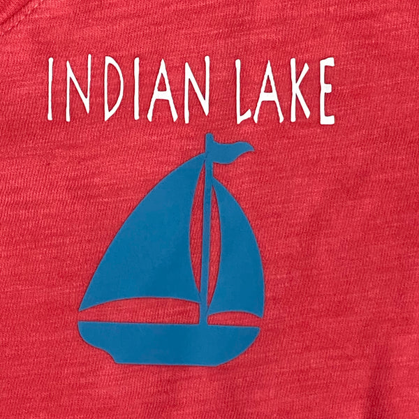 Indian Lake Sailboat Graphic Designer Short Sleeve V-Neck Scoop Neck Ladies T-Shirt Coral