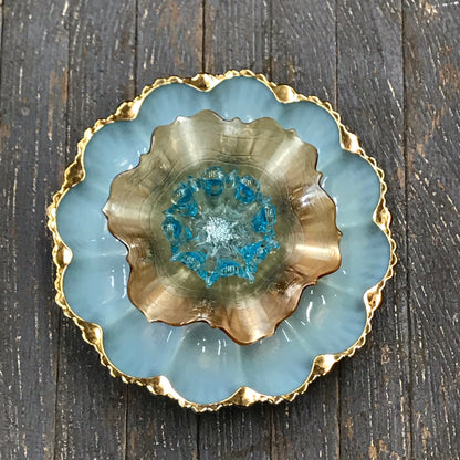 Depression Glass Garden Flower Medium Egg Tray Gold Trim Teal Blue