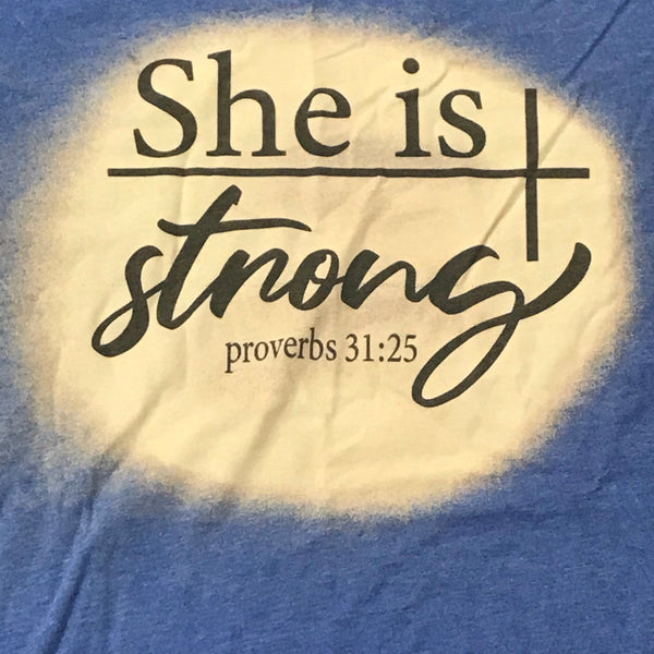 She is Strong Proverbs 31:25 Bleached Graphic Designer Short Sleeve T-Shirt Blue
