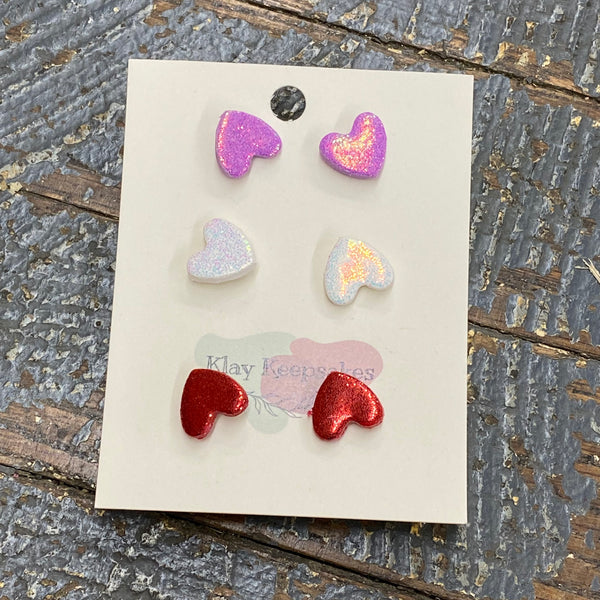 Clay 3 Pair Heart Shaped Post Earring Set