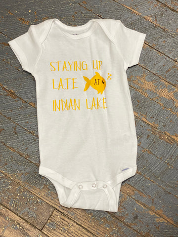 Staying Up Late at Indian Lake Yellow Personalized Onesie Bodysuit One Piece Newborn Infant Toddler Outfit
