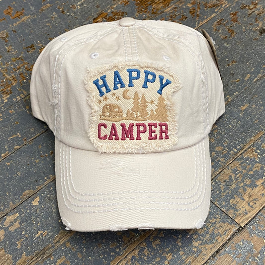 Happy Camper Patch Hat Khaki Embroidered Ball Cap