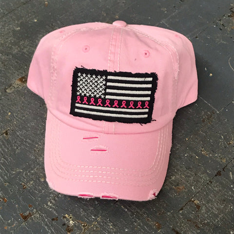 American Flag Breast Cancer Ribbon Line Patch Pink Embroidered Ball Cap