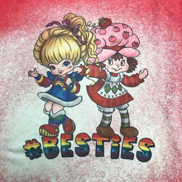 Besties Rainbow Brite Strawberry Shortcake 80s Cartoon Bleached Graphic Designer Short Sleeve T-Shirt