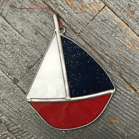 Stained Glass Sun Catcher Ornament Sailboat Blue White Sail Red Boat