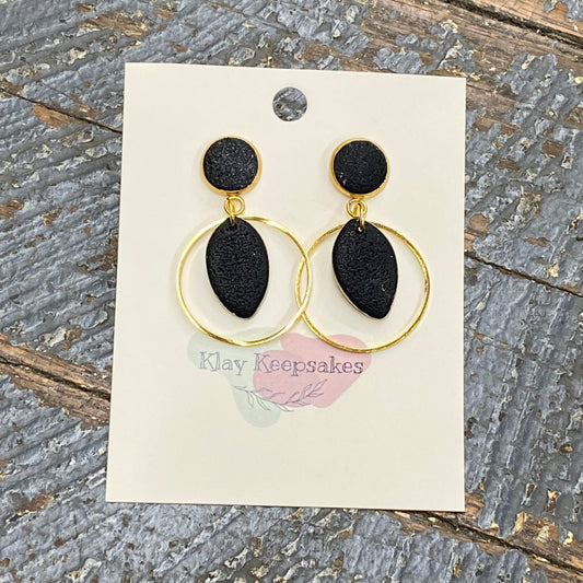 Clay Gold Loop Little Black Teardrop Post Dangle Earring Set