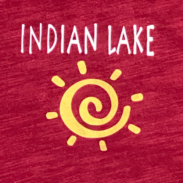 Indian Lake Sun Graphic Designer Short Sleeve V-Neck Scoop Neck Ladies T-Shirt Maroon
