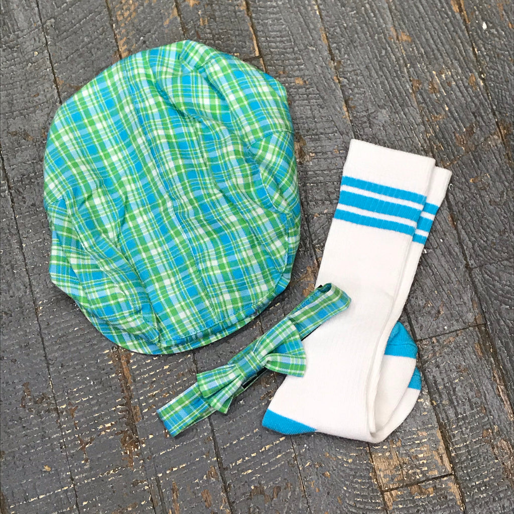 Infant Toddler Baby Cabbie Hat Tie Legwarmer Set Green Blue Plaid