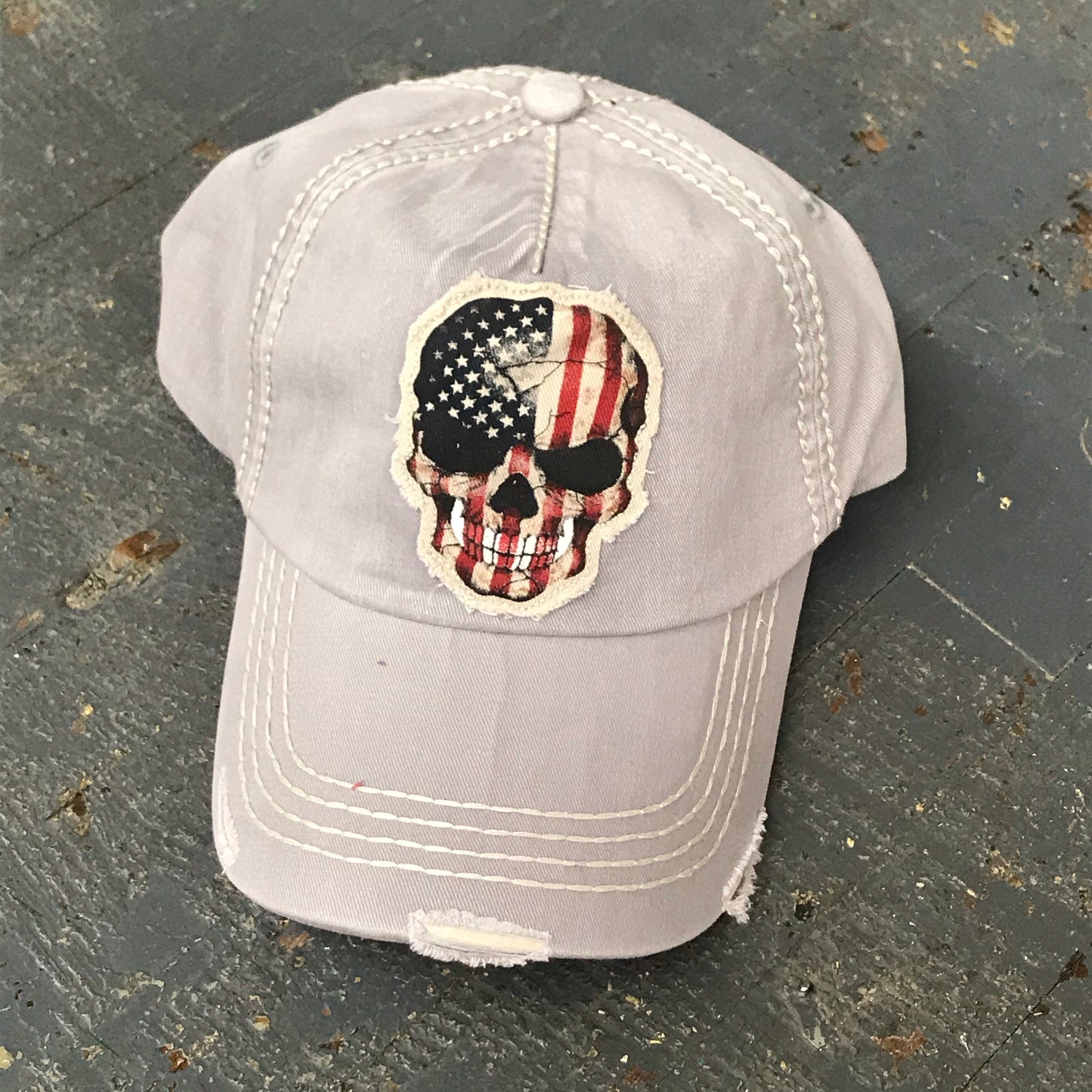 American Flag Skull Rugged Patch Grey Embroidered Ball Cap