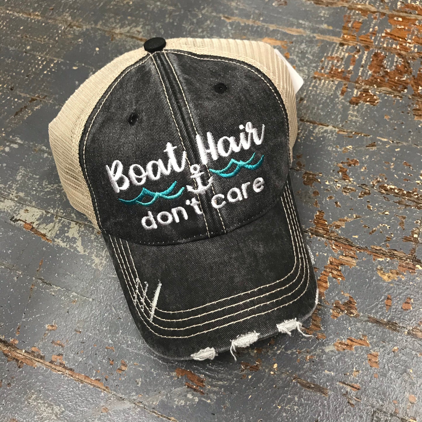 Boat Hair Don't Care Waves Black Mint Rugged Embroidered Ball Cap