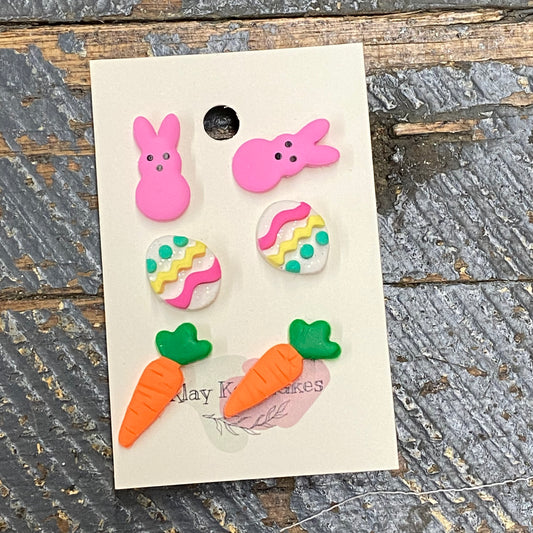 Clay 3 Pair Easter Bunny Peeps Easter Eggs Carrots Post Earring Set