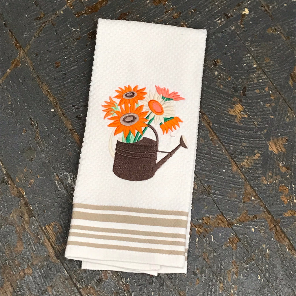 Embroidered Hand Towel White Watering Can Orange Flower