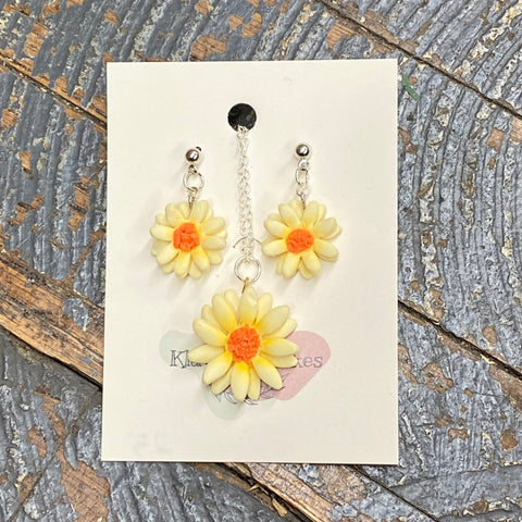 Clay Flower Yellow Daisy Silver Chain Post Dangle Earring Set with Necklace