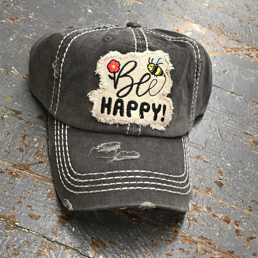 Bee Happy Patch Rugged Black Embroidered Ball Cap