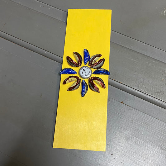 Bottle Cap Flower Design Sign Vertical Yellow Off Color Chicago