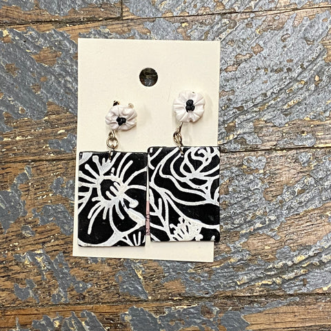 Clay White Flower Black Rectangle Post Dangle Earring Set