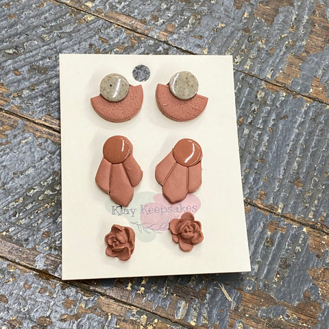 Clay 3 Pair Brown Stone Rose Post Earring Set