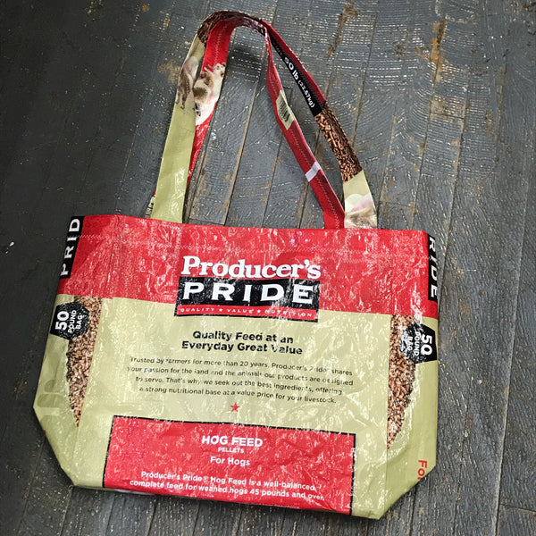Upcycled Tote Purse Feed Bag Handmade Large Hog Feed Pellets Pride Seed Handle Bag