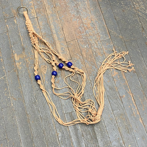 Macrame Wall Hanger Plant Holder Knot Braid One Pot Tan Blue Beads #1004